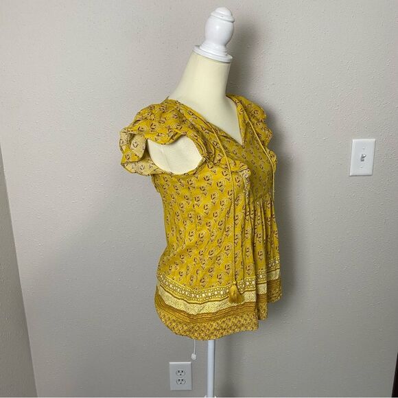 Rose + Olive Yellow Boho Short Flutter Sleeve Top W/ Tassels Women's Size Small - Picture 3 of 14